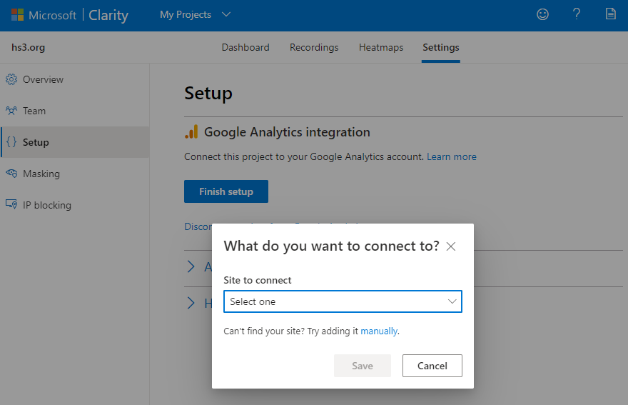 Microsoft Clarity - Google Analytics site selection